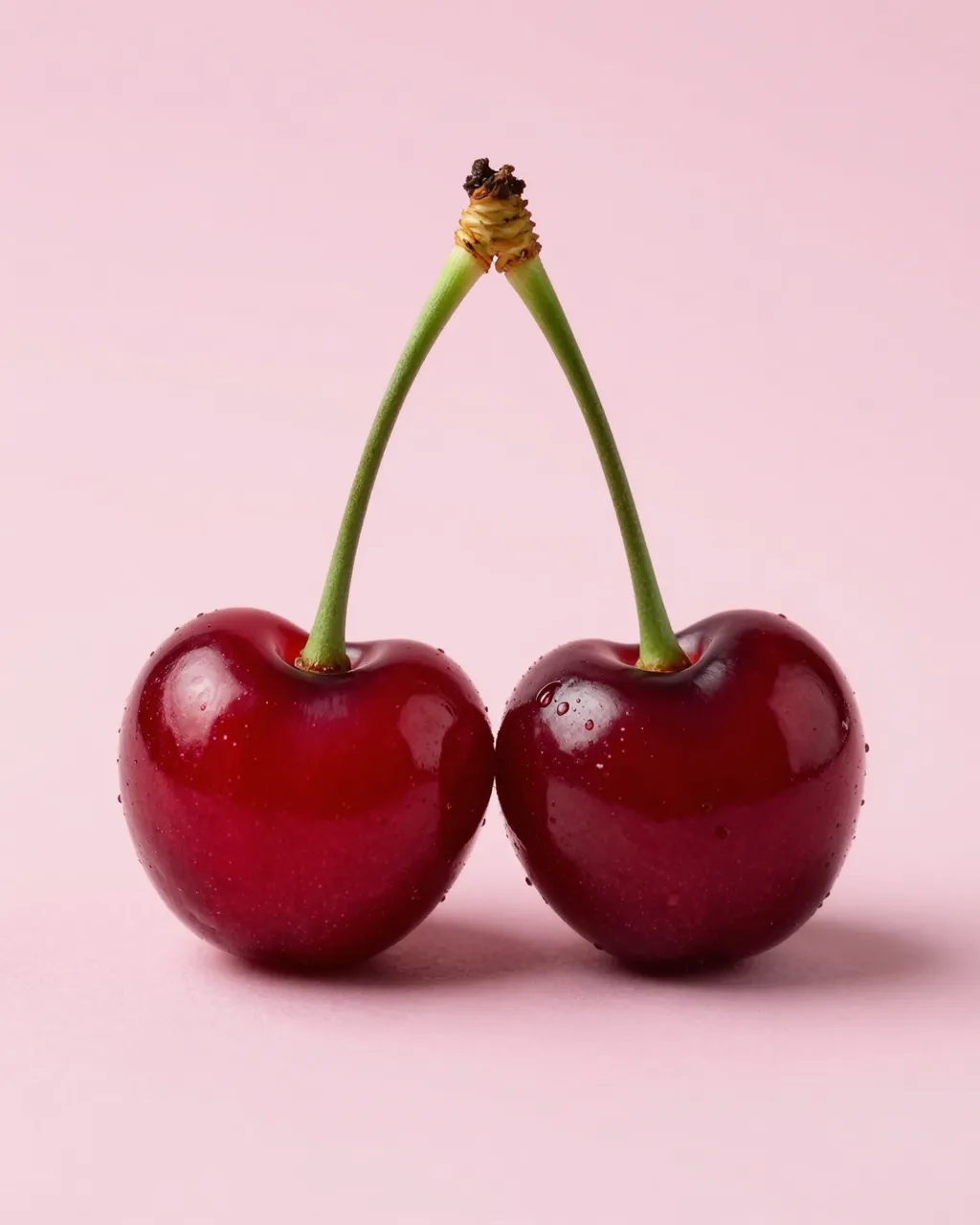 Two glossy red cherries with connected green stems sit side by side on a solid light pink background.