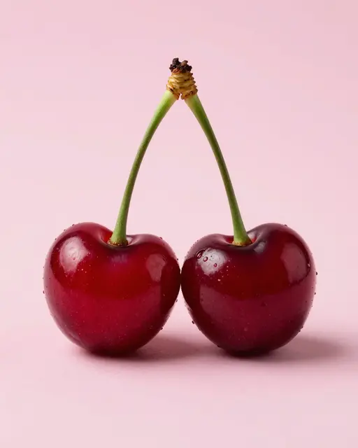 Two glossy red cherries with connected green stems sit side by side on a solid light pink background.