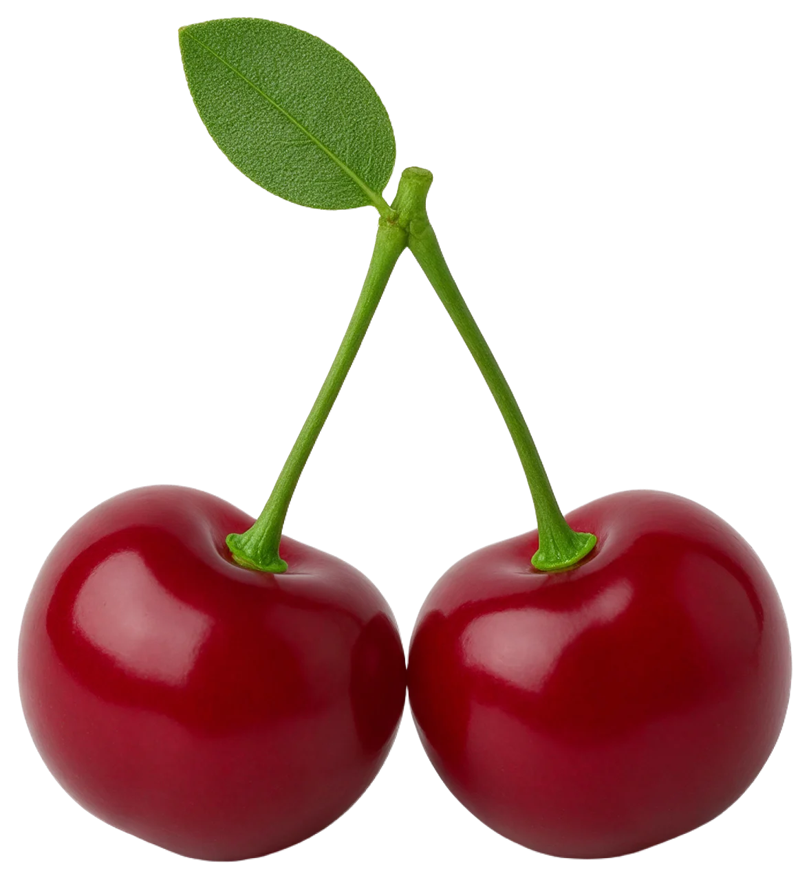 Two shiny red cherries joined by green stems with one small green leaf