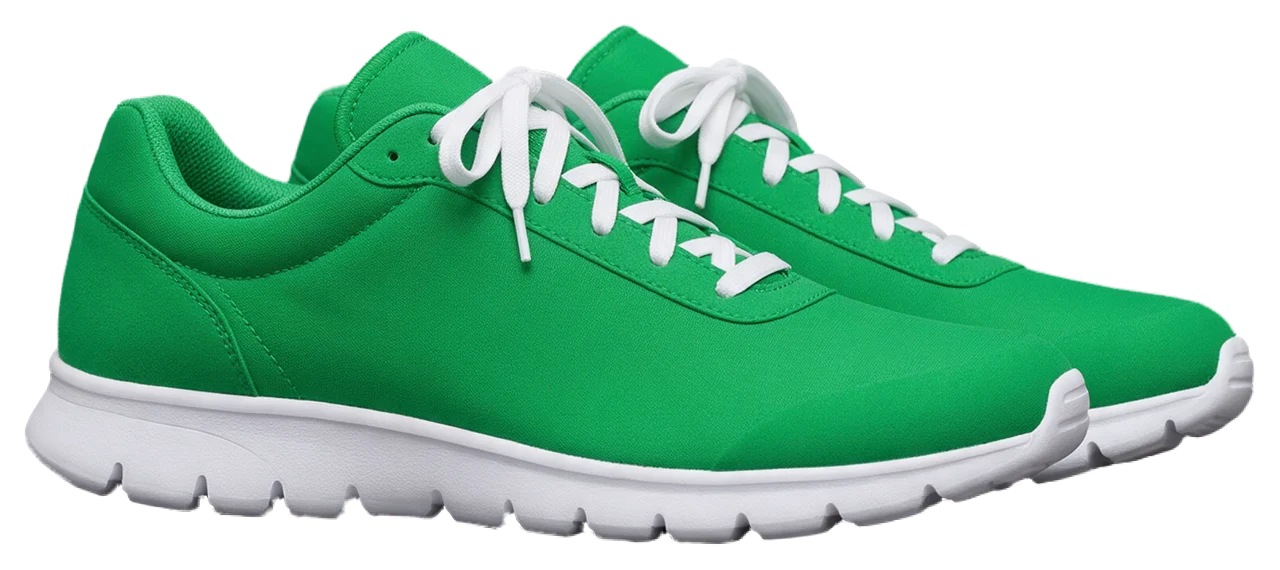 Two bright kelly green running shoes with white laces and soles, positioned one slightly in front of the other