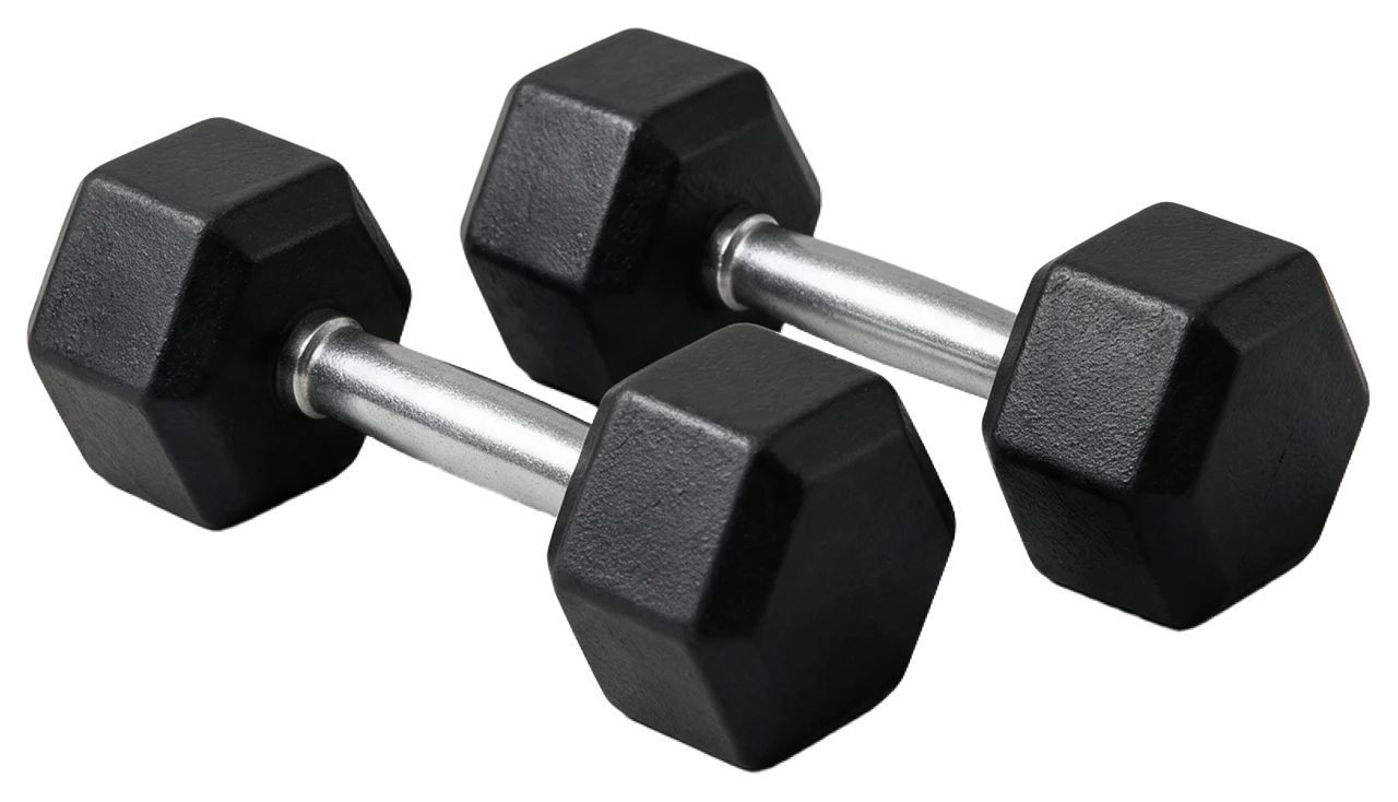 Two black hexagonal dumbbells with silver handles rest overlapping on a plain surface