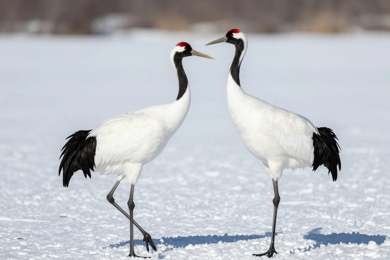 Two red-crowned cranes stand facing one another on bright sunlit snow