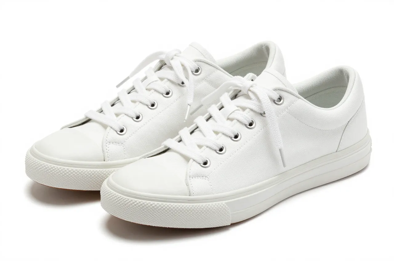Two plain white canvas sneakers with loosely tied laces sit isolated on a pure white studio background