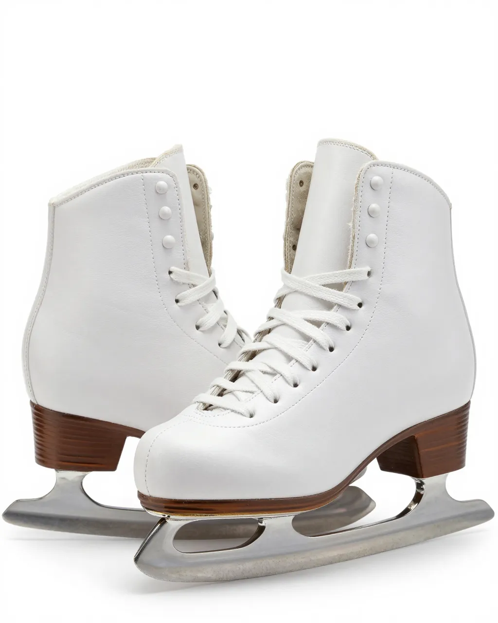 A matching pair of white leather figure skates with silver blades sits on a plain white studio background.