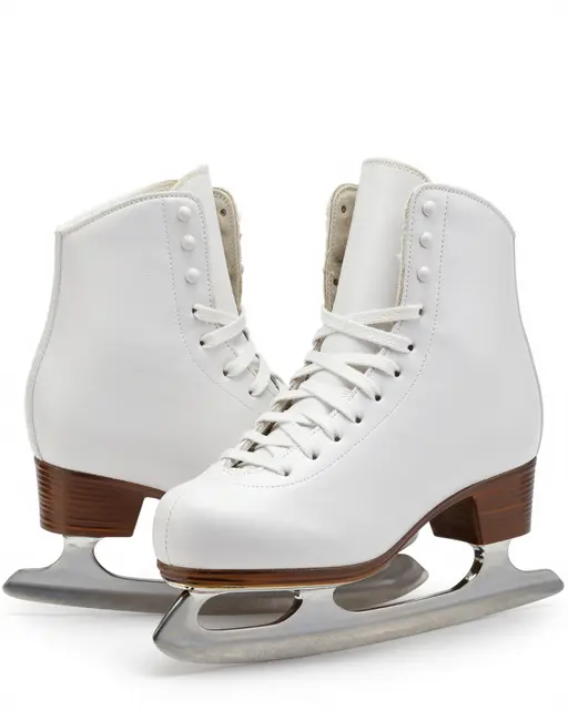 A matching pair of white leather figure skates with silver blades sits on a plain white studio background.