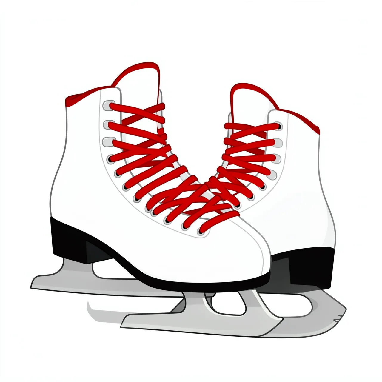 Flat clipart illustration of two white ice skates with red laces and silver blades on a plain white background