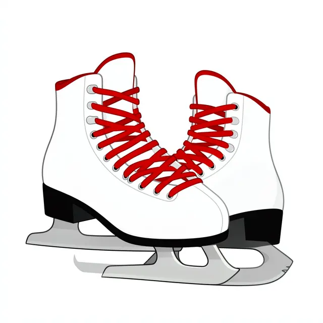 Flat clipart illustration of two white ice skates with red laces and silver blades on a plain white background