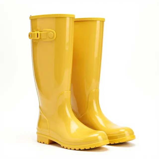 A pair of tall glossy yellow rain boots arranged against a plain white studio background