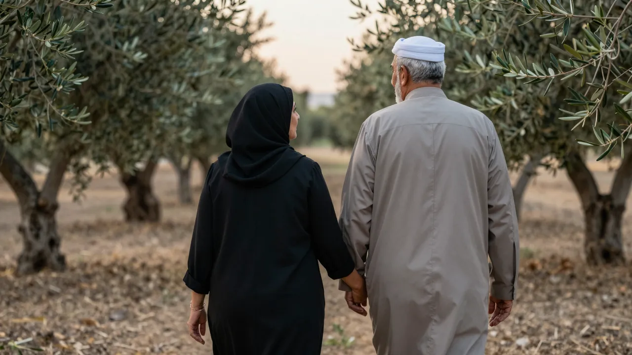 A Middle Eastern woman and older man walk hand in hand through an olive grove at dusk, viewed from behind