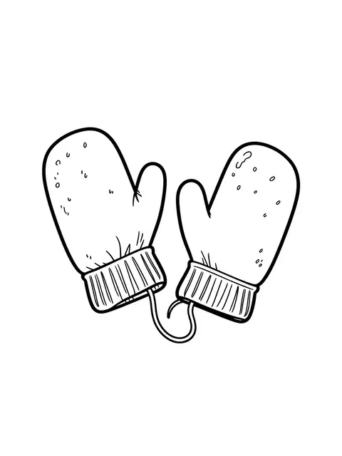 Black and white line drawing of two mittens connected by a string on a plain white background