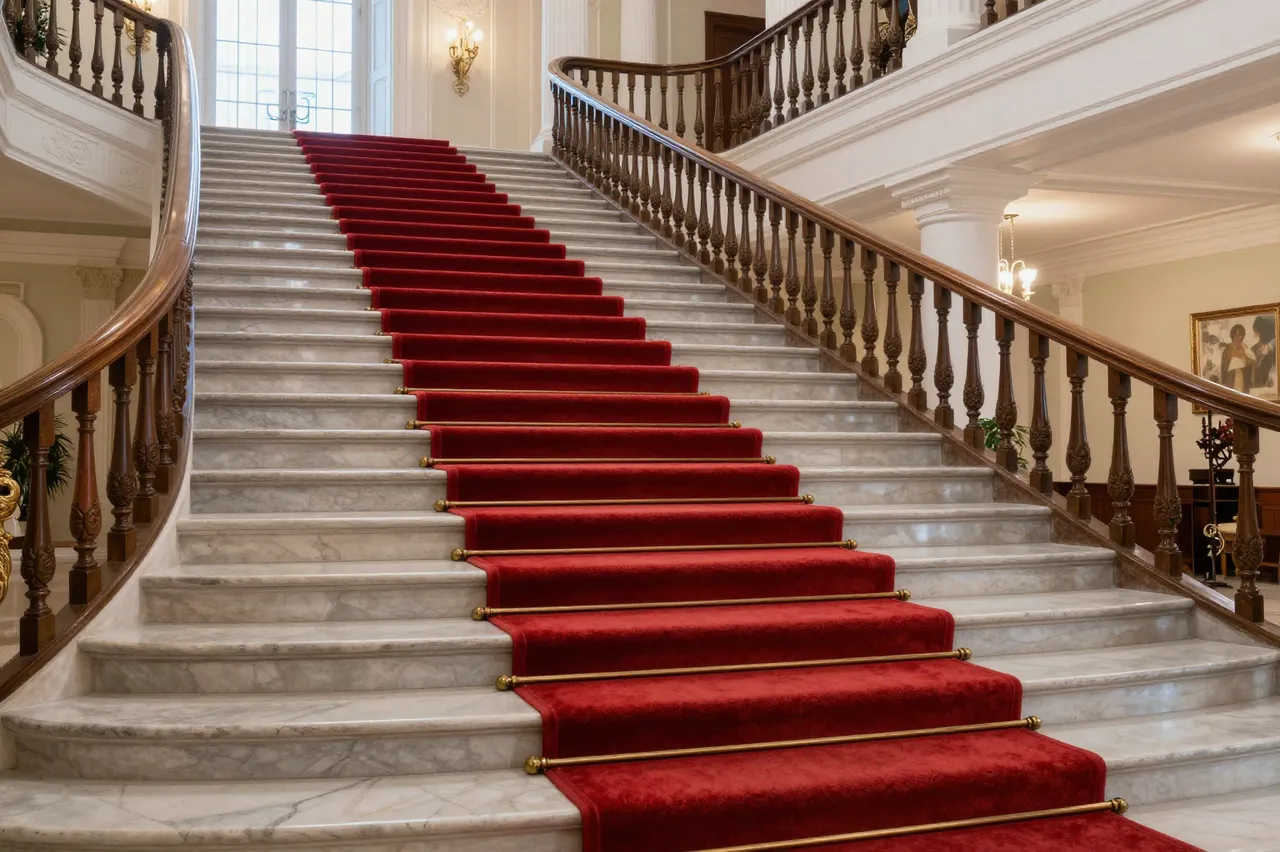 An elegant curved marble grand staircase with a central red carpet sits inside an ornate palace hall.