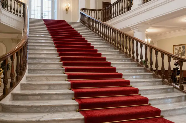 An elegant curved marble grand staircase with a central red carpet sits inside an ornate palace hall.