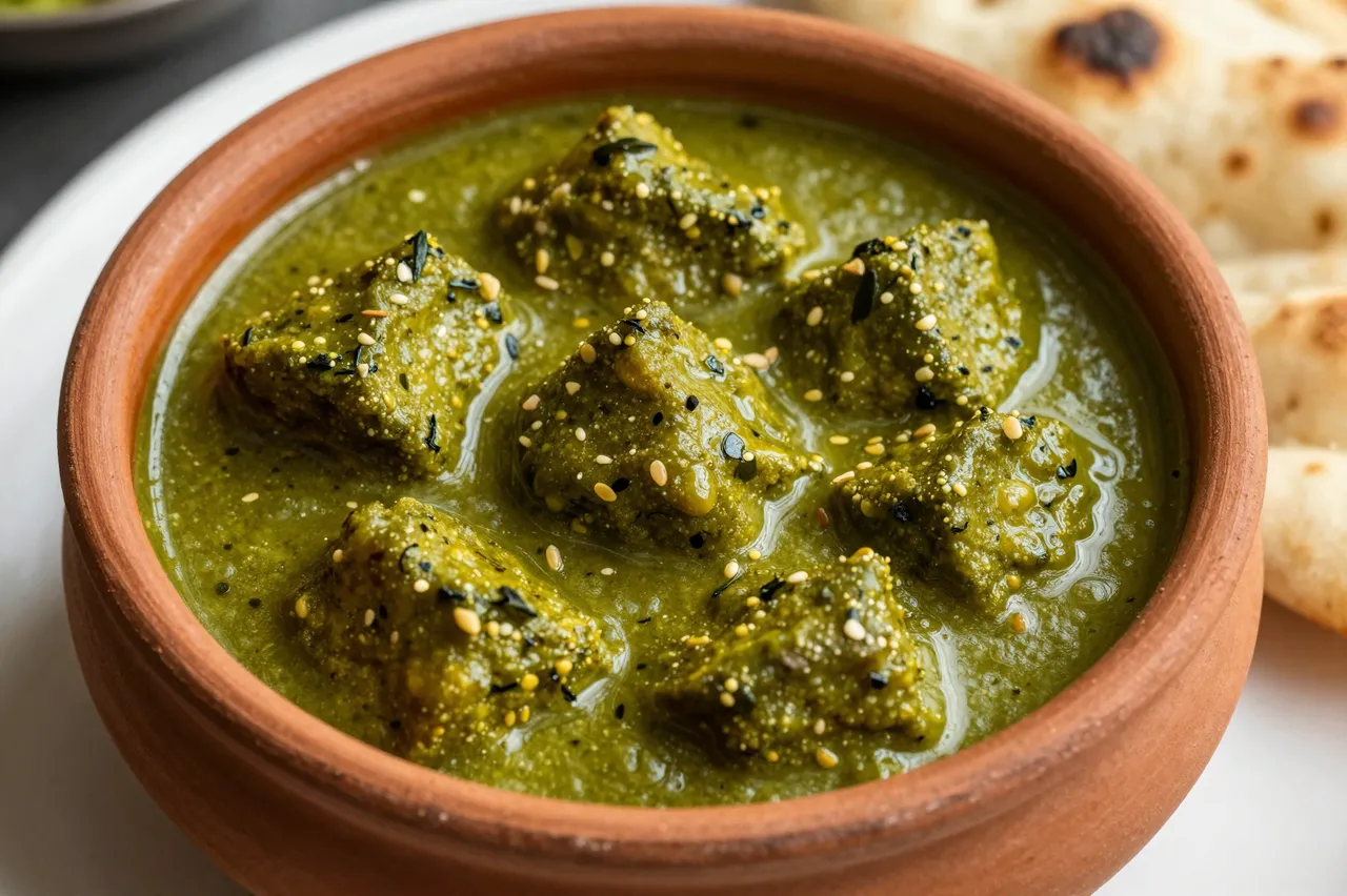 Creamy green palak paneer in a terracotta bowl sits next to grilled garlic naan on a white plate.
