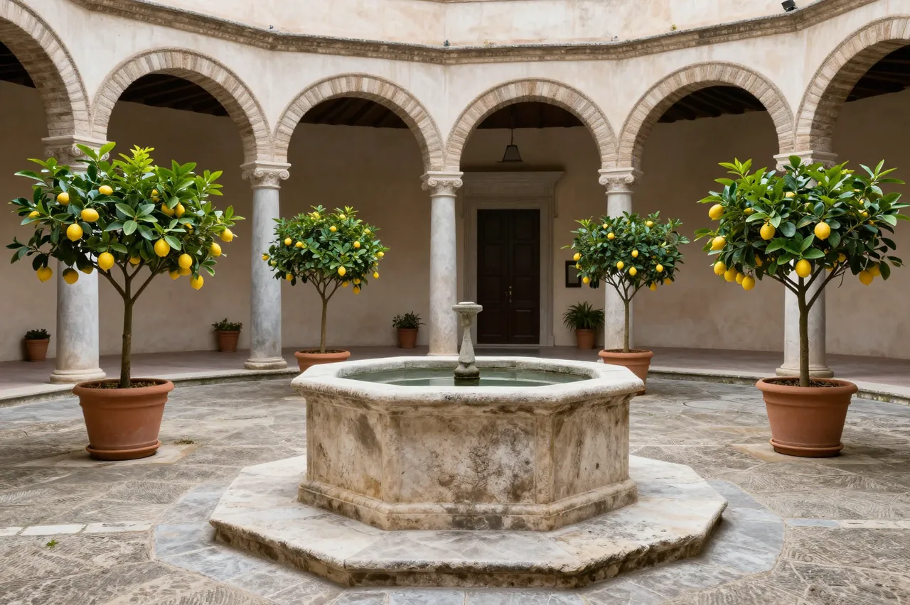 An octagonal stone well sits at the center of a sunlit old palazzo courtyard lined with potted lemon trees