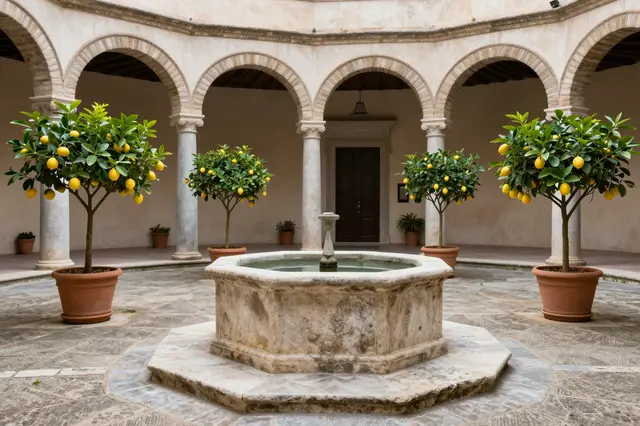 An octagonal stone well sits at the center of a sunlit old palazzo courtyard lined with potted lemon trees