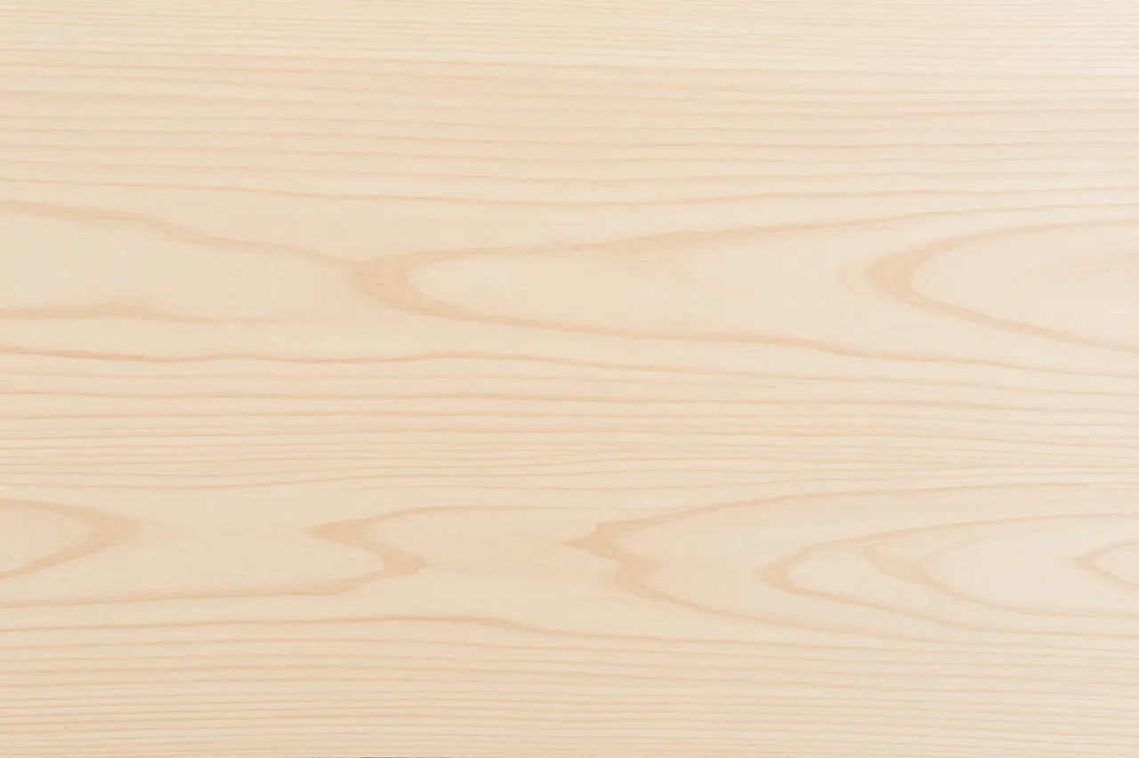 Full frame top view of pale rotary cut birch plywood with soft swirling wood grain