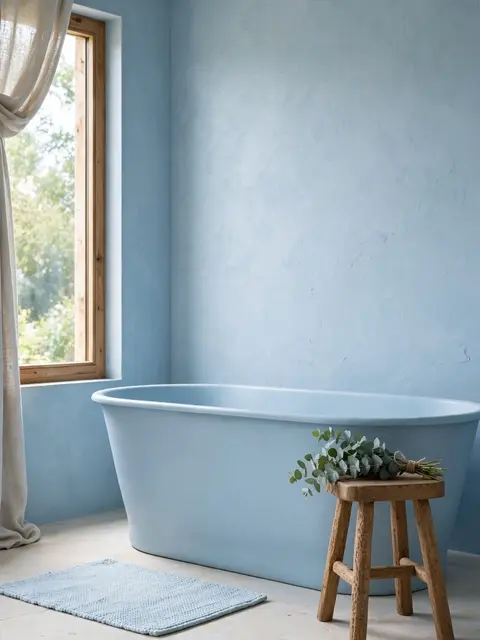Serene pale blue bathroom interior with a freestanding tub, wooden stool, and eucalyptus bundle near a window.