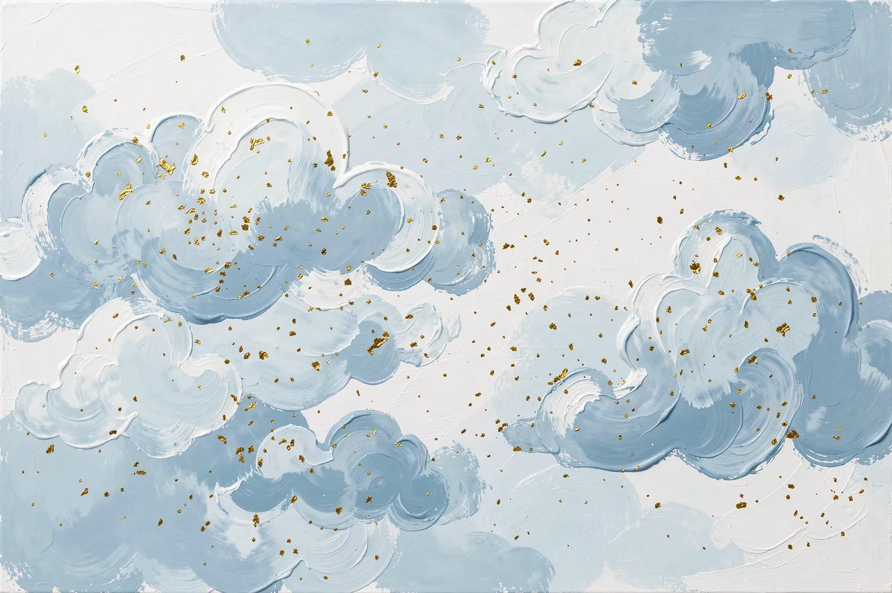 Textured impasto abstract painting of soft pale blue clouds scattered with tiny gold flecks on an off-white base