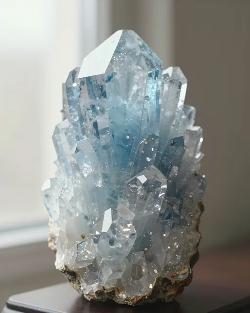 A pale blue crystal geode cluster rests on a dark stand lit by soft window light