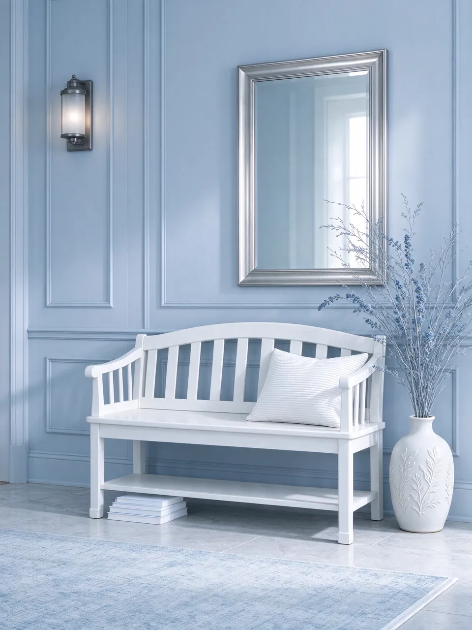A tidy pale blue paneled entryway features a white bench, silver mirror and decorative ceramic vase.