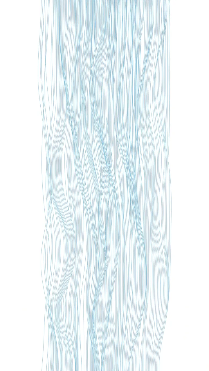 Fine wavy pale blue vertical lines flow like a cascade against a plain white background