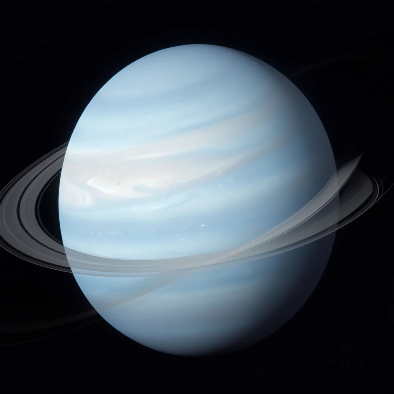 Pale blue ringed ice giant planet floating in the dark expanse of outer space