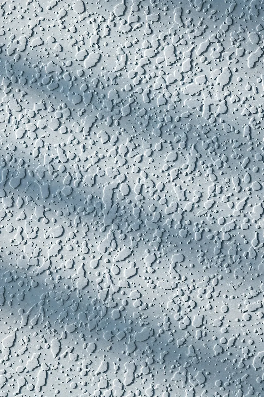 Full frame close-up of pale blue matte knockdown wall texture with soft raking light highlighting small splatter dots