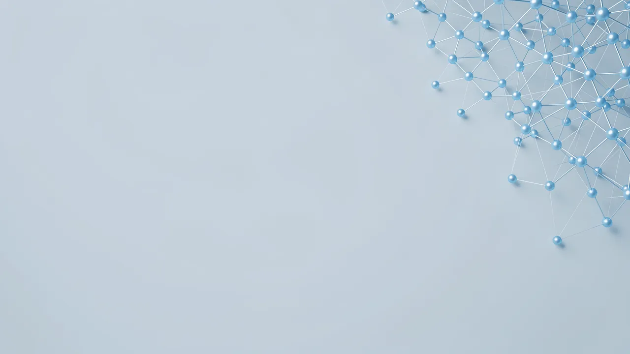 A sparse light blue molecular node structure sits in the top right of a pale empty background with copy space