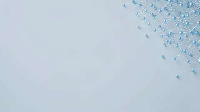 A sparse light blue molecular node structure sits in the top right of a pale empty background with copy space