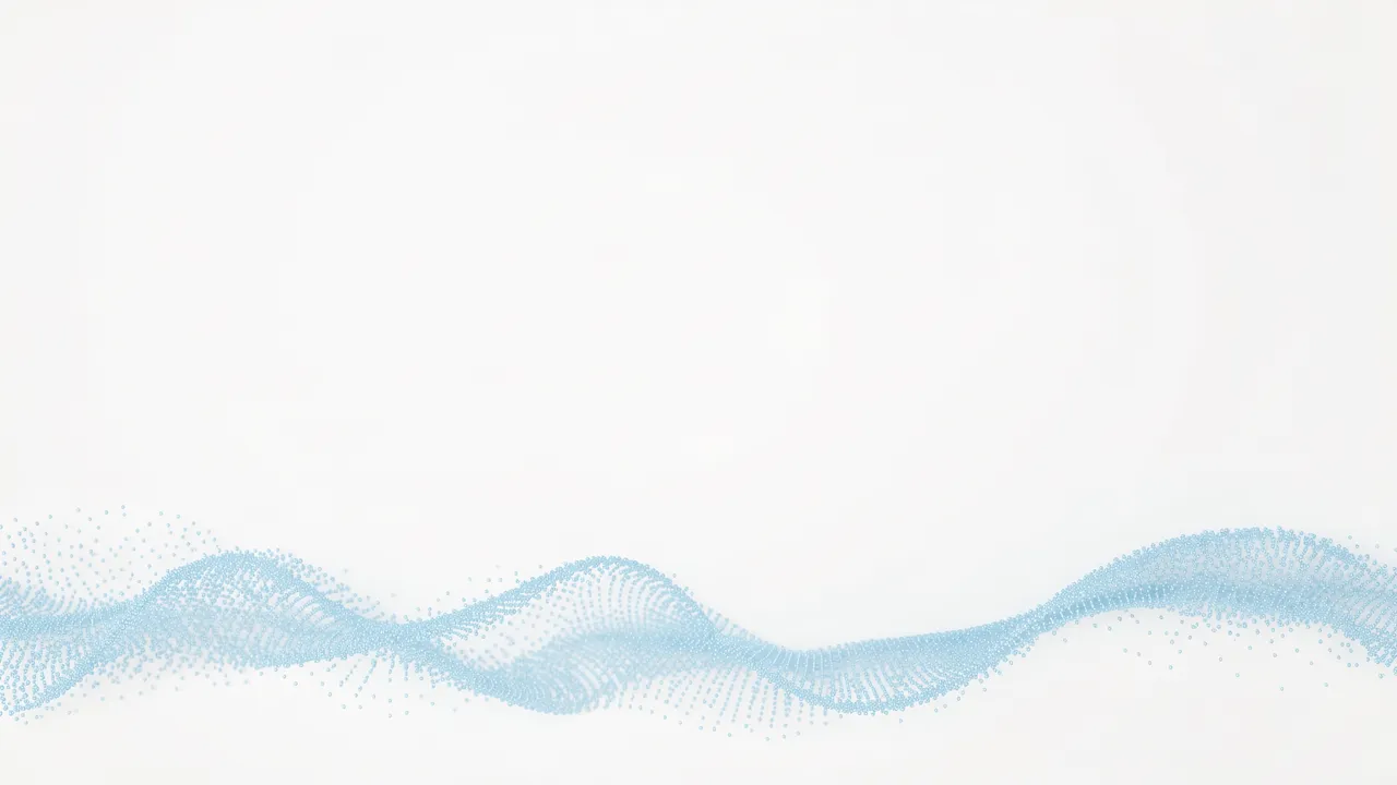 Delicate pale blue dotted particle waves run along the bottom of a soft plain white backdrop