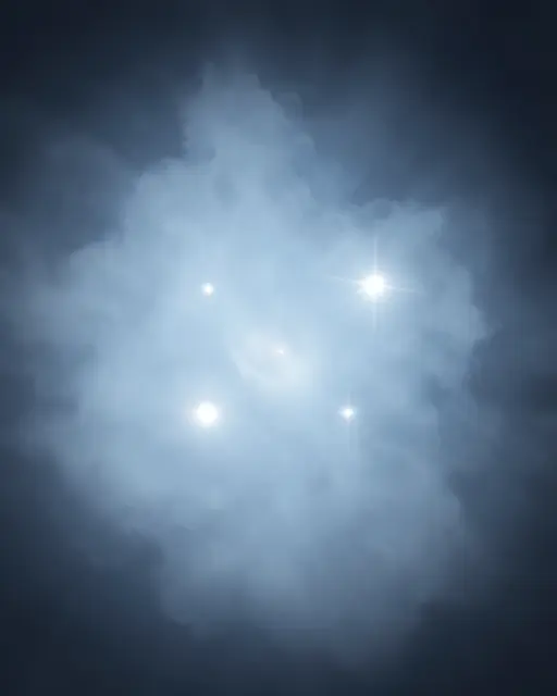 Pale wispy blue nebula dust glows around bright young stars against dark space