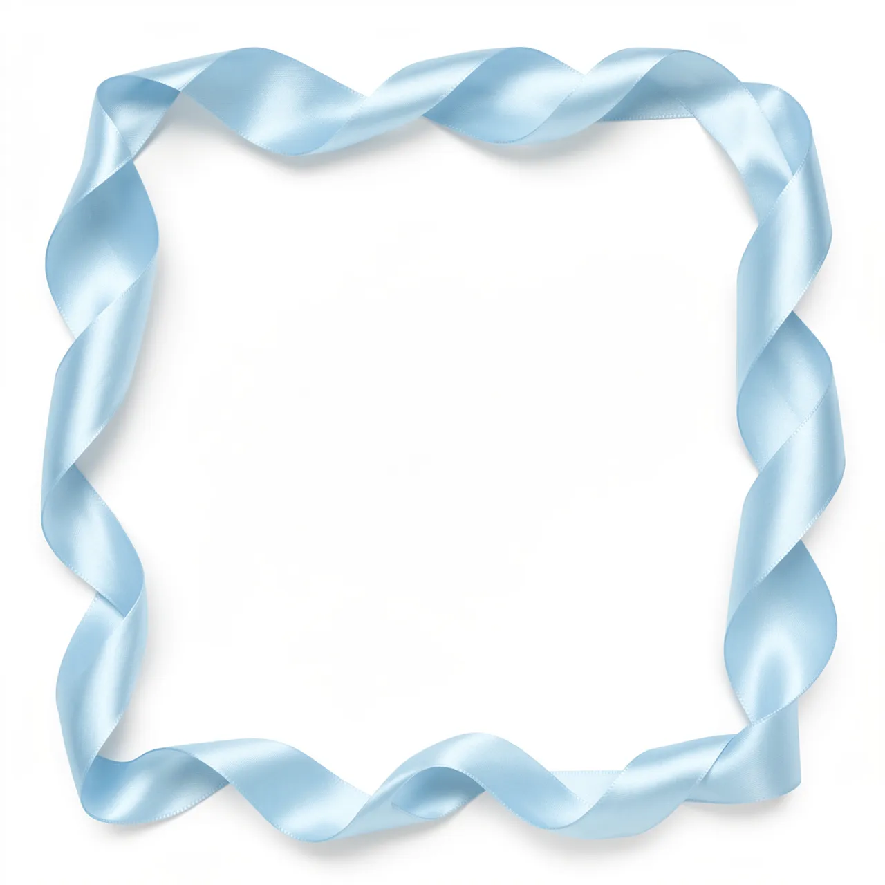 A looping pale blue satin ribbon forms a loose square frame around an empty white center