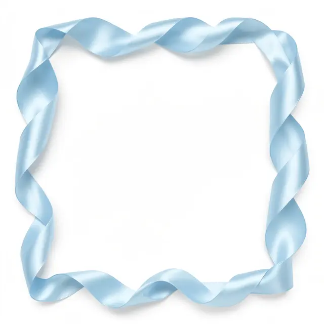 A looping pale blue satin ribbon forms a loose square frame around an empty white center