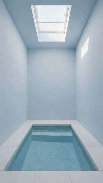 Minimalist pale blue room with a sunken tiled pool and overhead rectangular skylight