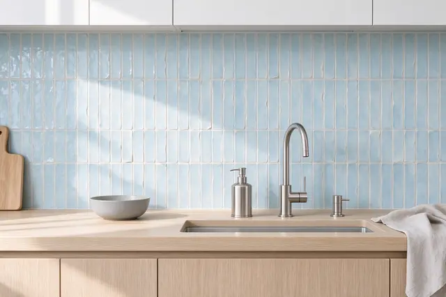 Sunlit modern kitchen counter with pale blue vertical zellige tile backsplash and polished nickel fixtures