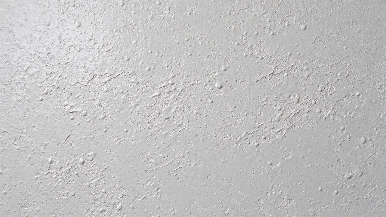 Full frame close-up of pebbly pale gray orange peel ceiling plaster texture