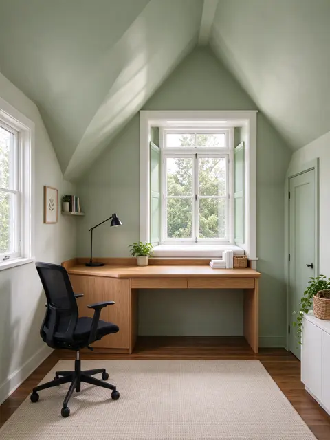 Cozy attic home office with a built-in wooden desk under a dormer window, pale green sloped ceiling, and a light area rug.