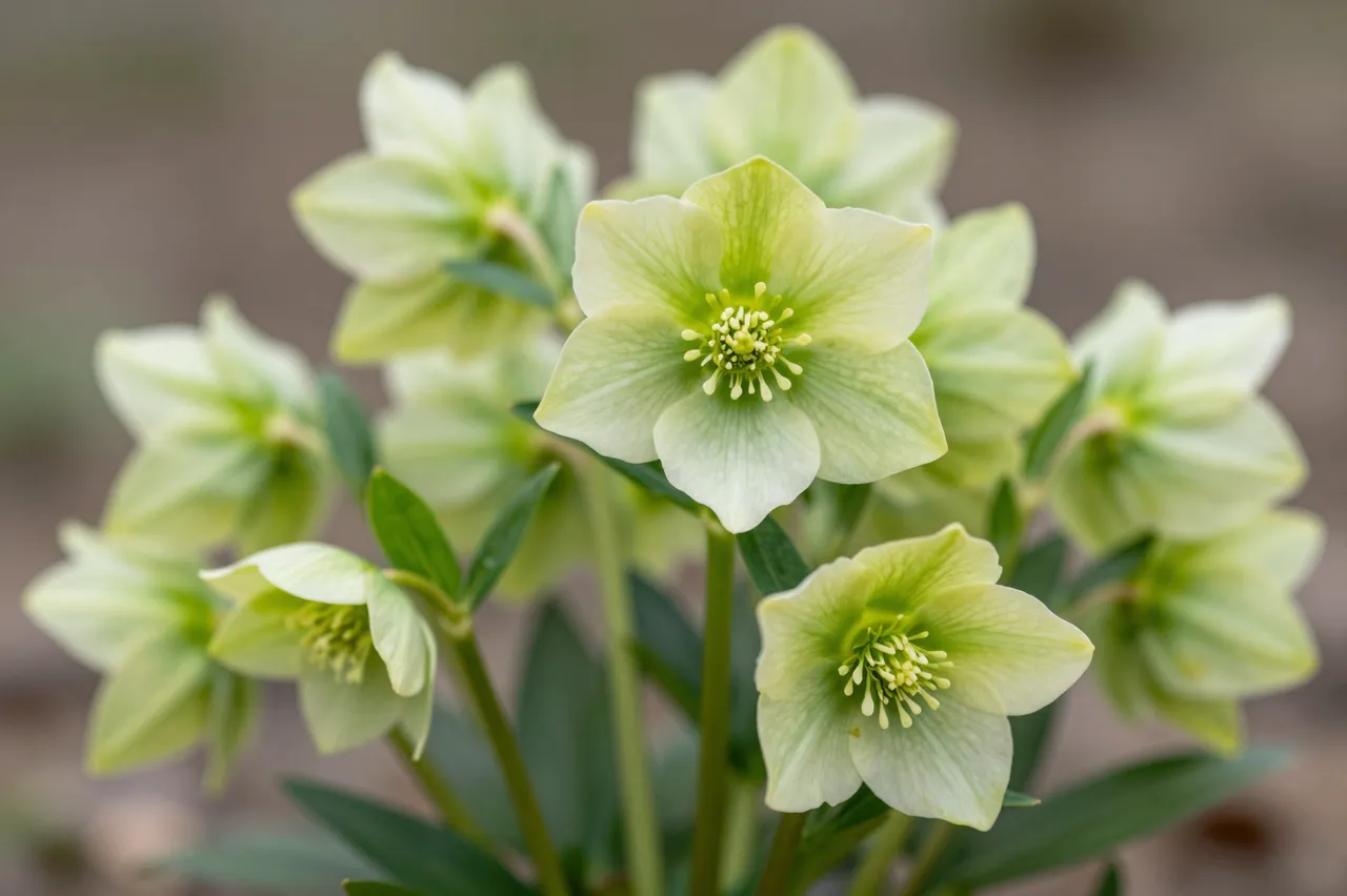 Close-up of pale green hellebore blooms with a soft blurred late winter background