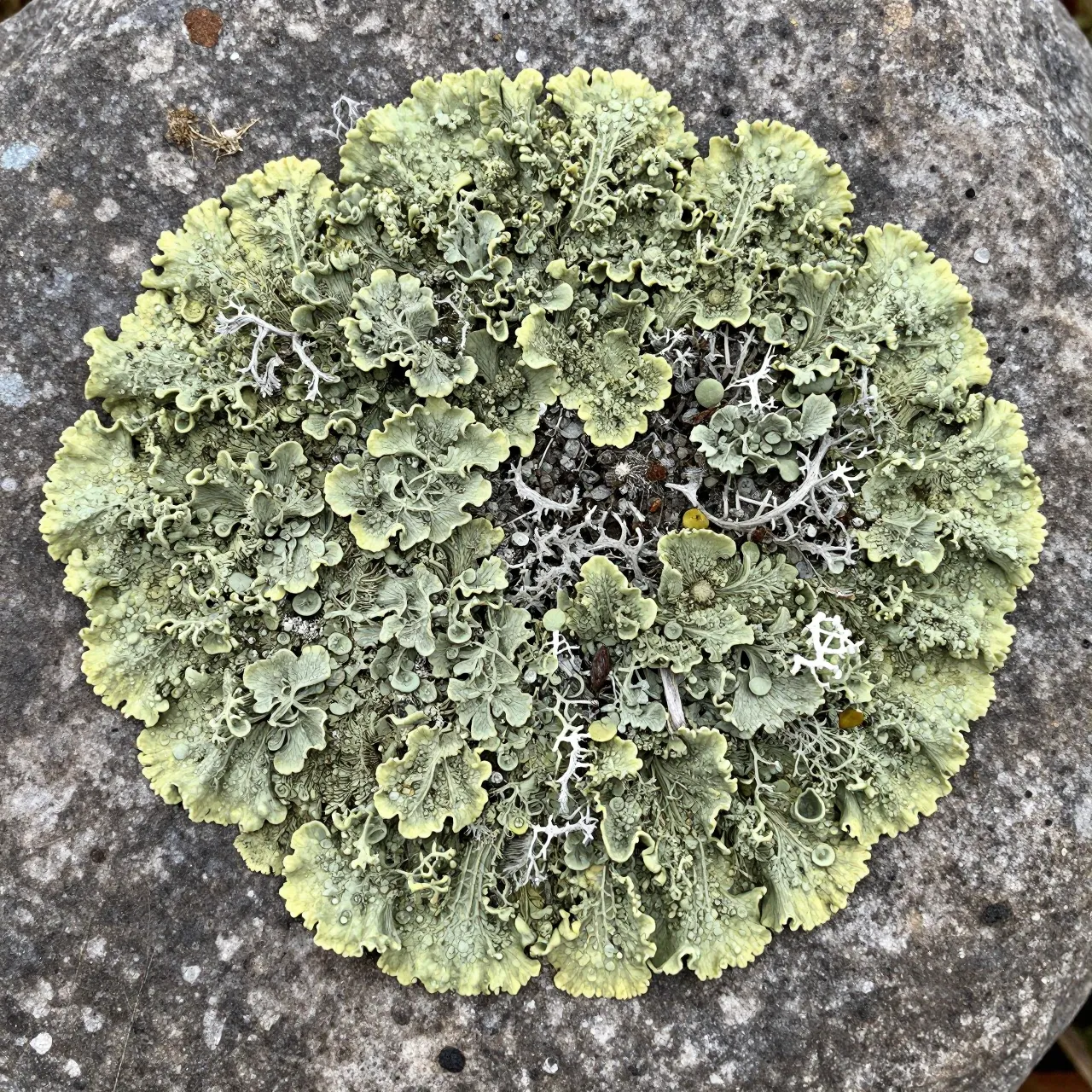 Top view of circular pale green cushion lichen growing across the surface of a weathered gray rock