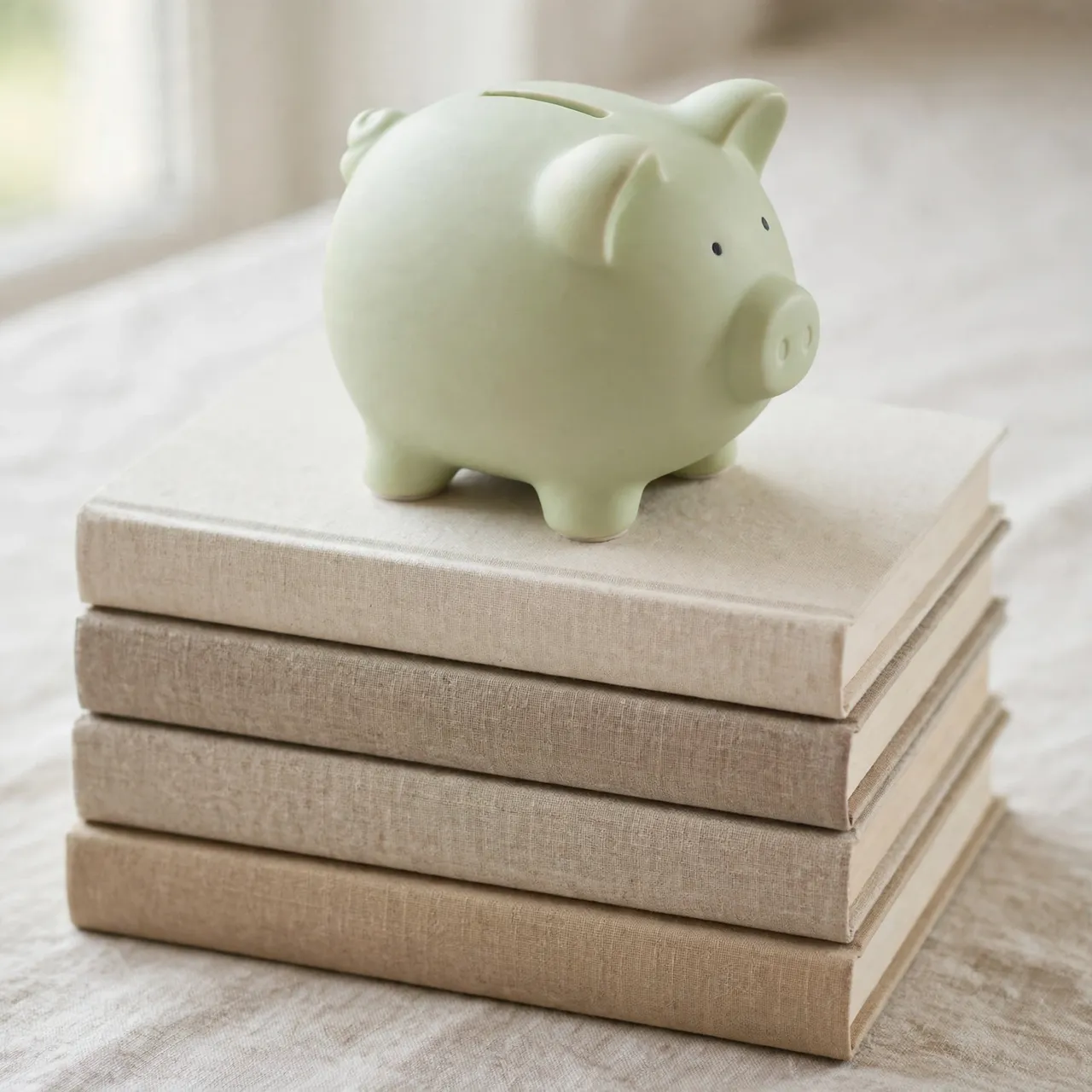 A matte pale green piggy bank rests on a stack of plain neutral hardcover books in soft daylight.