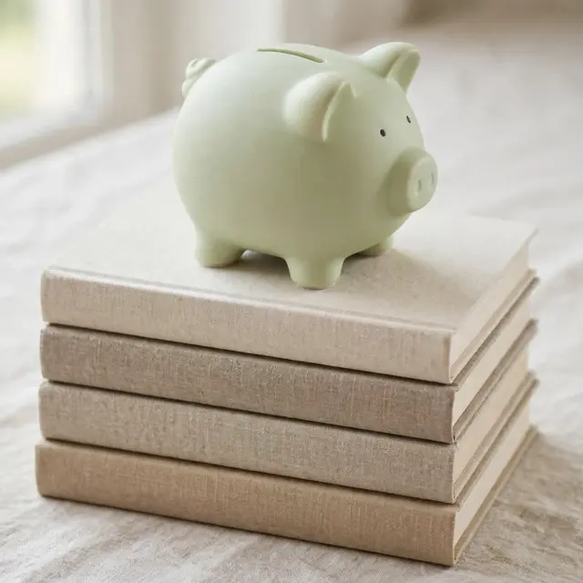 A matte pale green piggy bank rests on a stack of plain neutral hardcover books in soft daylight.