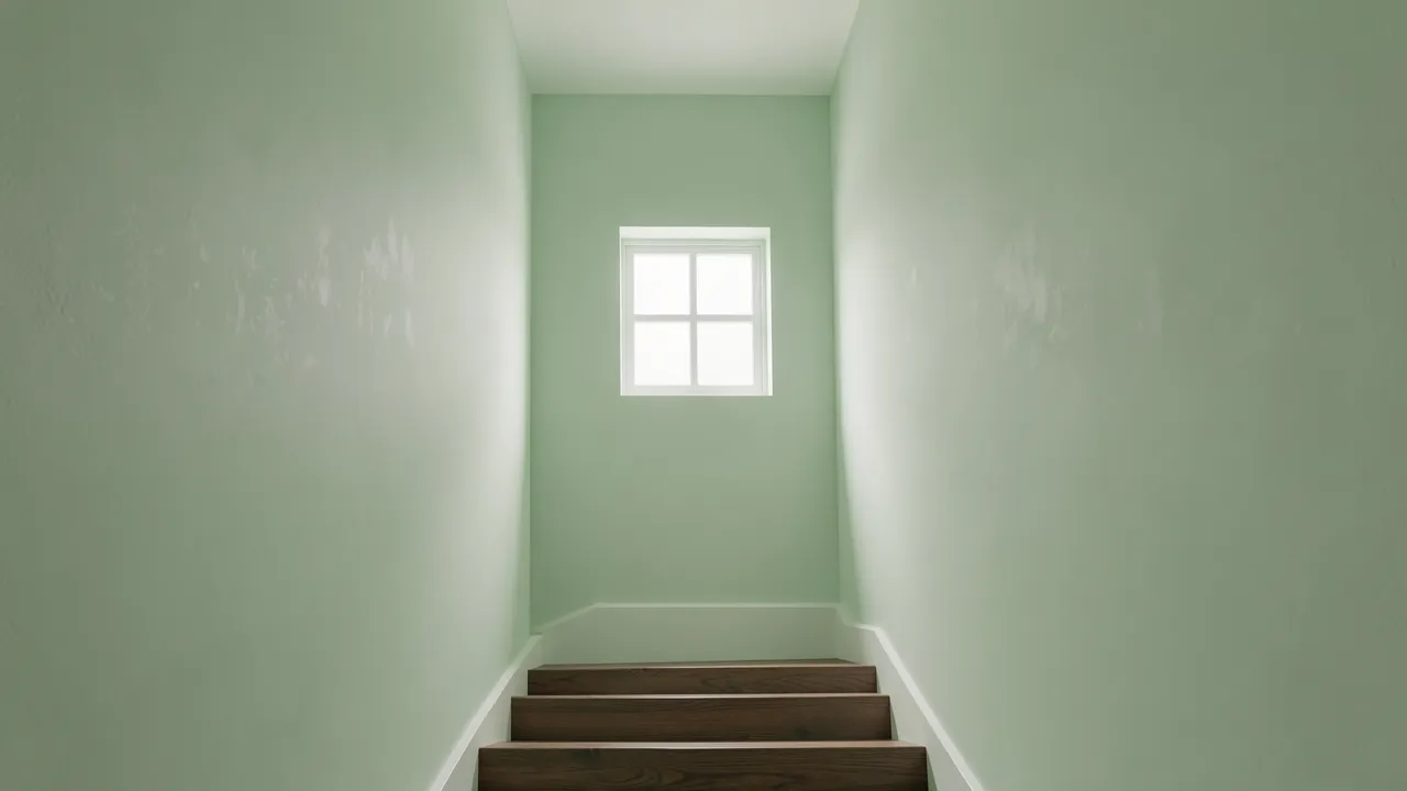 Empty pale green painted stairwell with dark wood steps and soft light from a small upper window