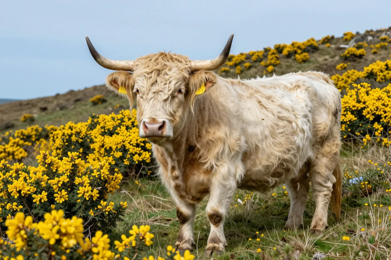 Pale dun highland cow stands among flowering yellow gorse on a grassy hillside under a light blue sky