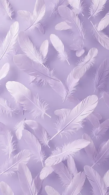 Delicate pale lilac and off-white feathers float across a soft lavender vertical background