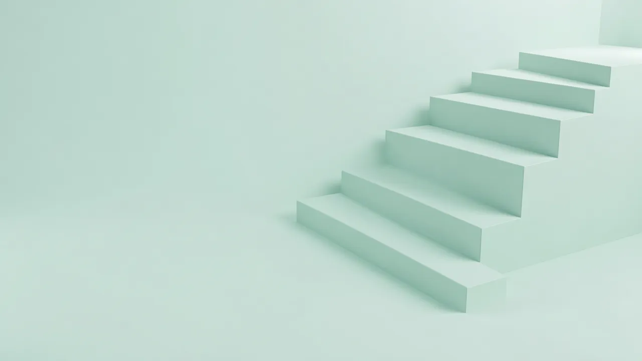 Soft pale mint 3D steps rise toward the top right with empty copy space on the lower left