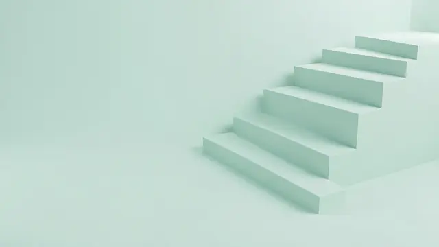 Soft pale mint 3D steps rise toward the top right with empty copy space on the lower left