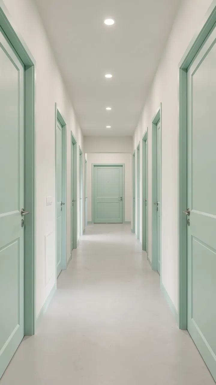 Empty narrow hallway lined with pale mint green doors under soft recessed ceiling lighting