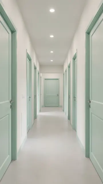 Empty narrow hallway lined with pale mint green doors under soft recessed ceiling lighting