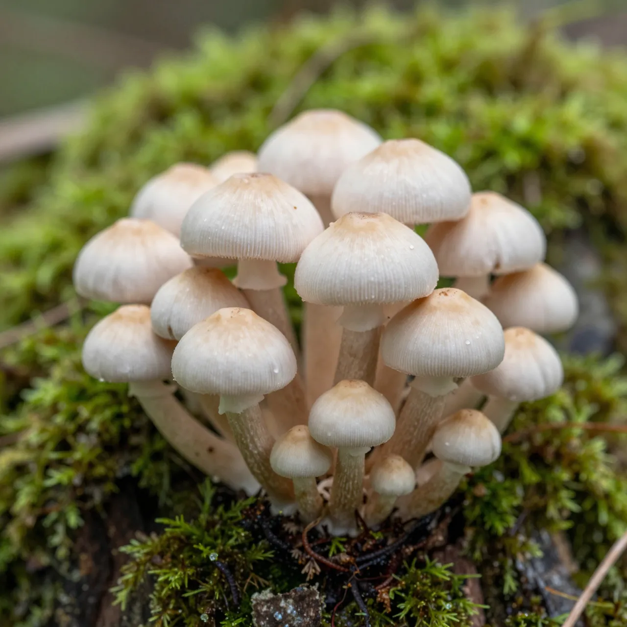 Close up of a dense cluster of tiny pale capped mushrooms growing from a moss-covered decaying tree stump