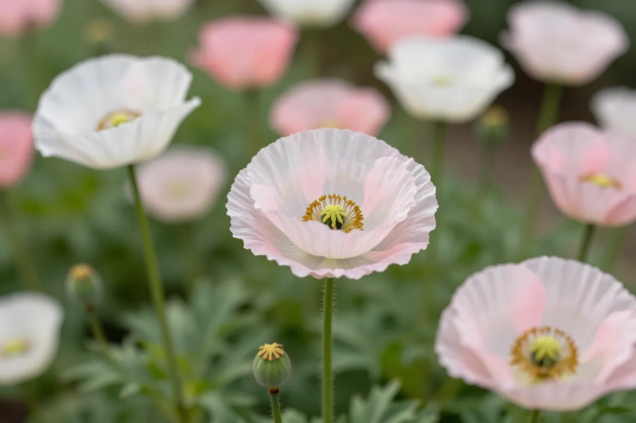 Sharp foreground pale pink and white poppies with silky petals stand out against a soft blurred cottage garden background.